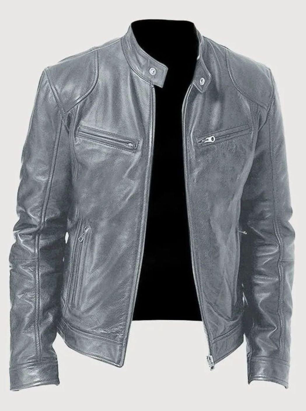 Men's Slim-Fit Zip-Up Leather Moto Style Jacket - Gray