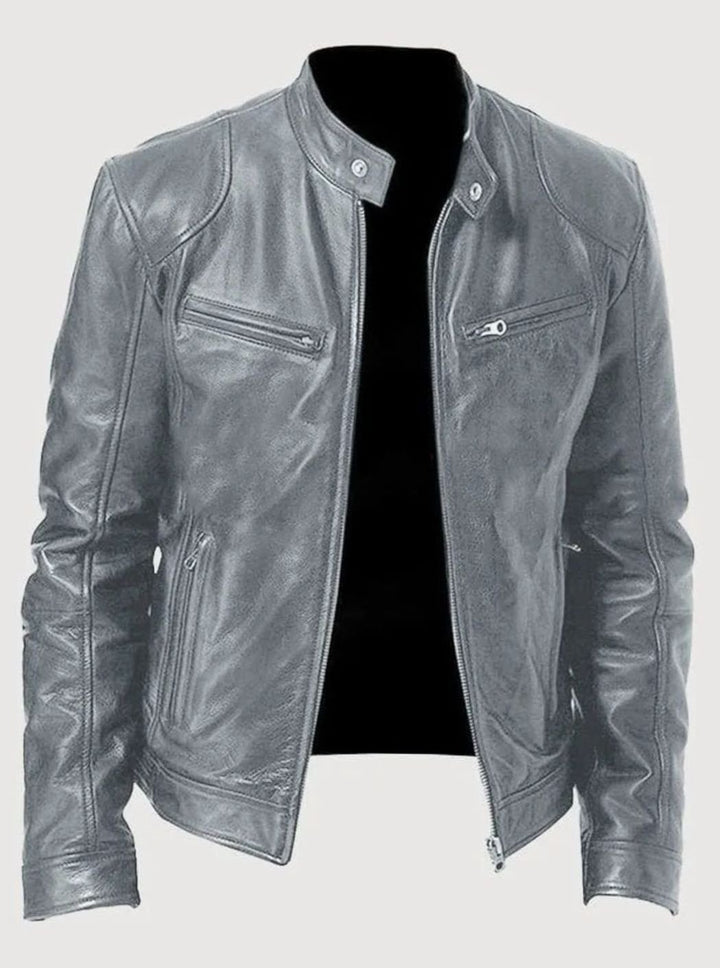 Men's Slim-Fit Zip-Up Leather Moto Style Jacket - Gray