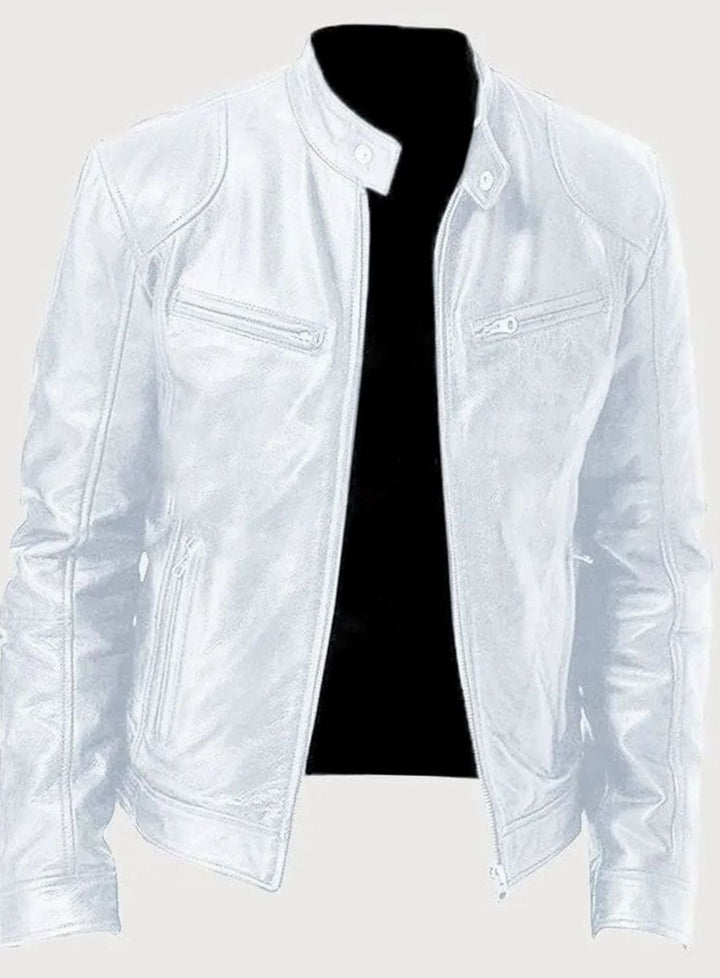 Men's Slim-Fit Zip-Up Leather Moto Style Jacket - White
