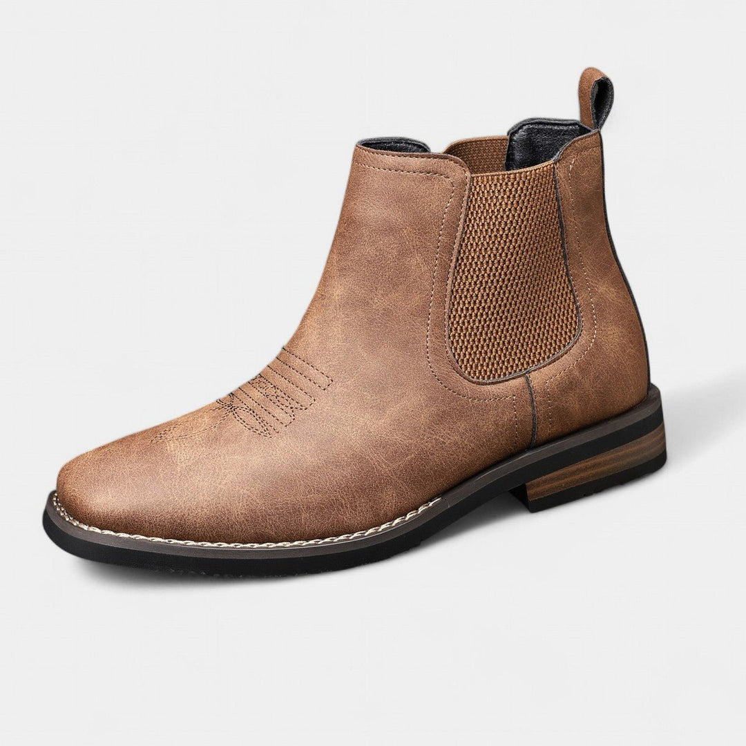 Men's Slip-On Chelsea Boots Tan Leather-Look Western Stitch