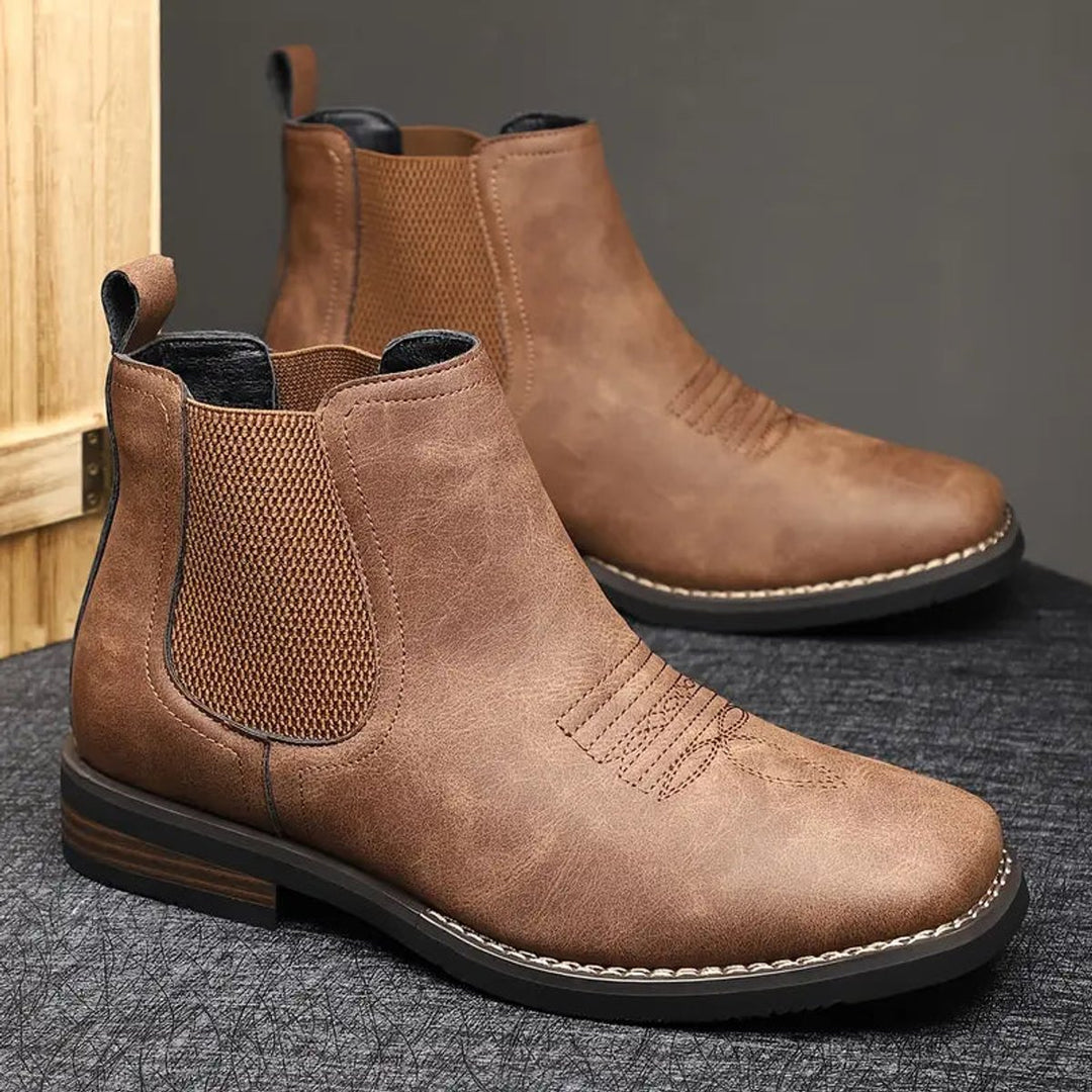 Men's Slip-On Chelsea Boots Tan Leather-Look Western Stitch