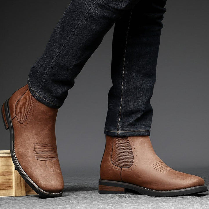 Men's Slip-On Chelsea Boots Tan Leather-Look Western Stitch