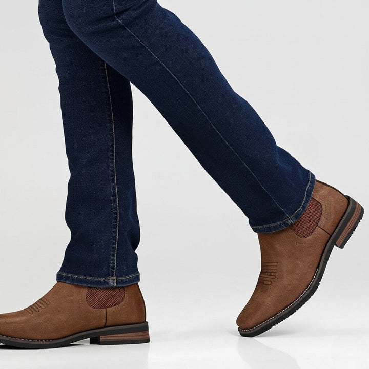 Men's Slip-On Chelsea Boots Tan Leather-Look Western Stitch
