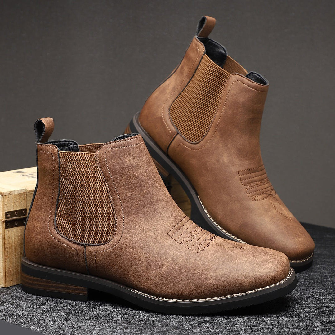 Men's Slip-On Chelsea Boots Tan Leather-Look Western Stitch - Chestnut Brown