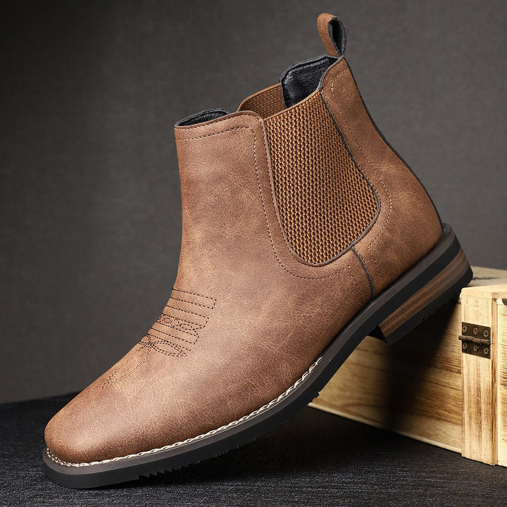 Men's Slip-On Chelsea Boots Tan Leather-Look Western Stitch
