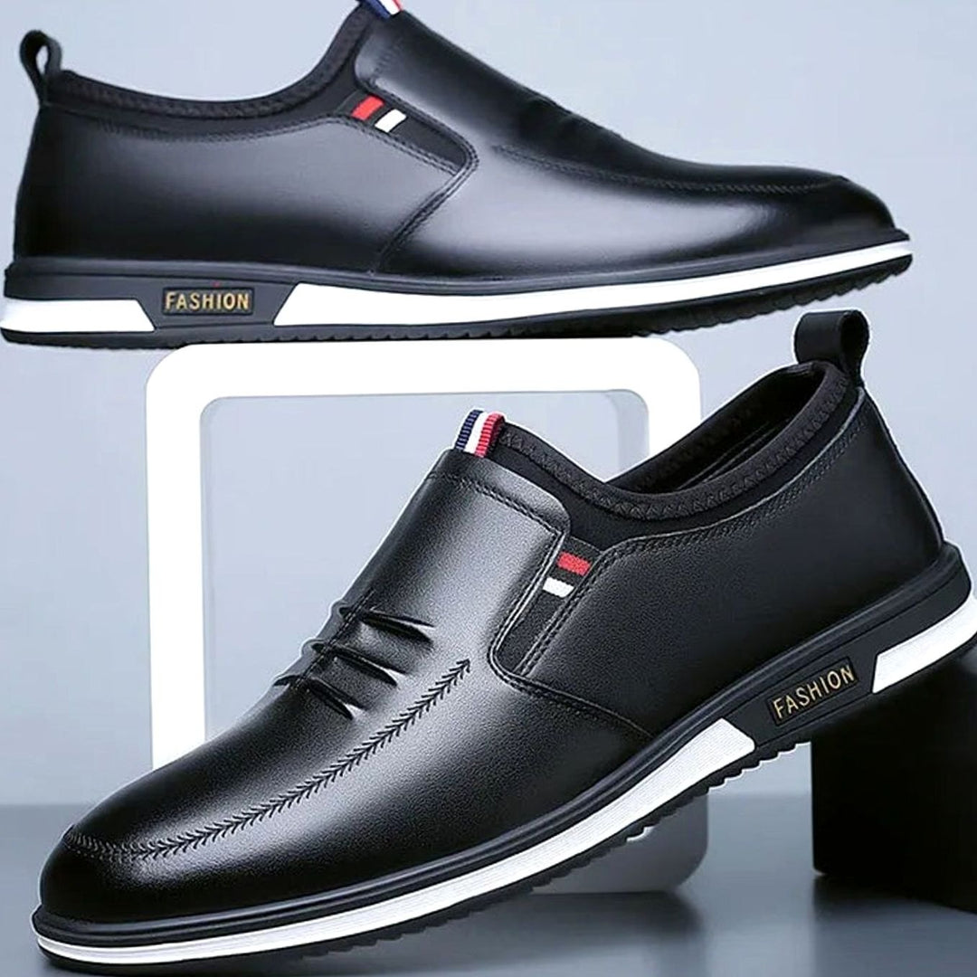 Men's Slip-On Leather Loafers Lightweight Non-Slip Casual Shoes - Black