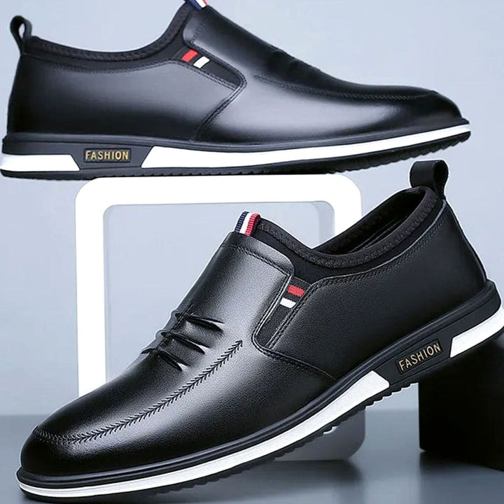 Men's Slip-On Leather Loafers Lightweight Non-Slip Casual Shoes - Black