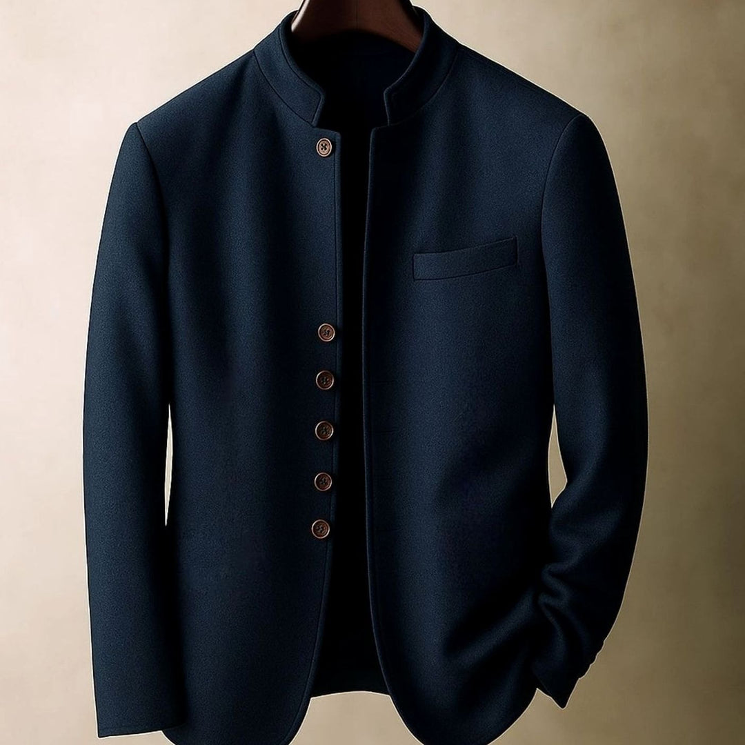 Men's Stand-Collar Single-Breasted Wool-Look Blazer Coat - Navy Blue