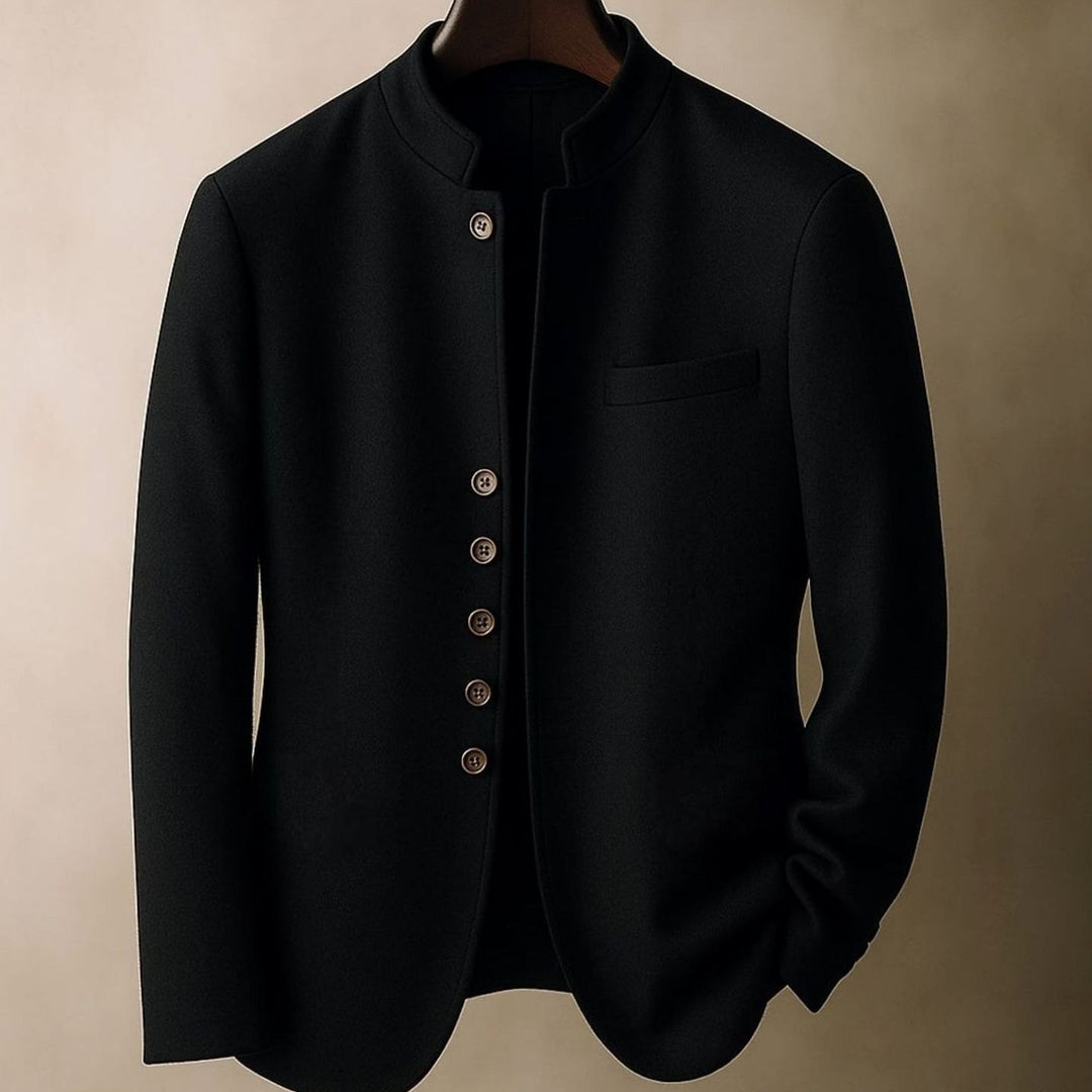 Men's Stand-Collar Single-Breasted Wool-Look Blazer Coat - Black