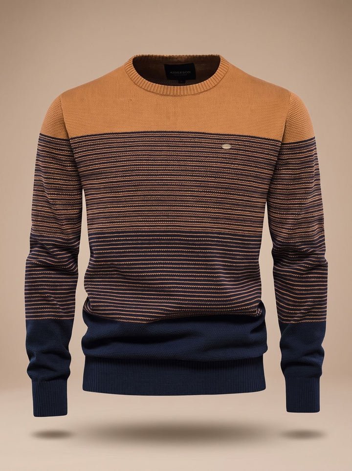 Men's Striped Color-Block Crew-Neck Knit Sweater - Orange