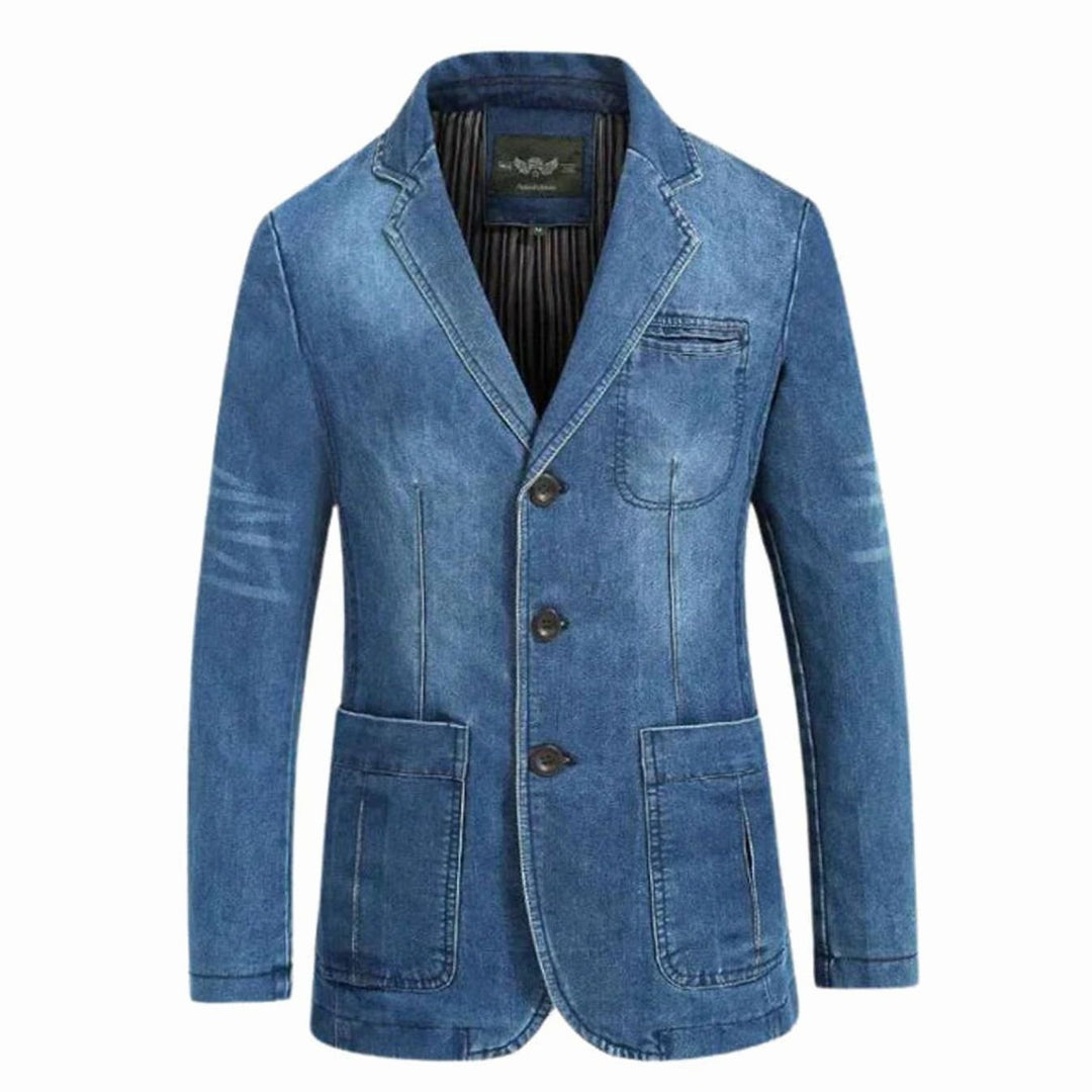 Men's Structured Notch-Lapel Three-Button Denim Blazer - Light Blue