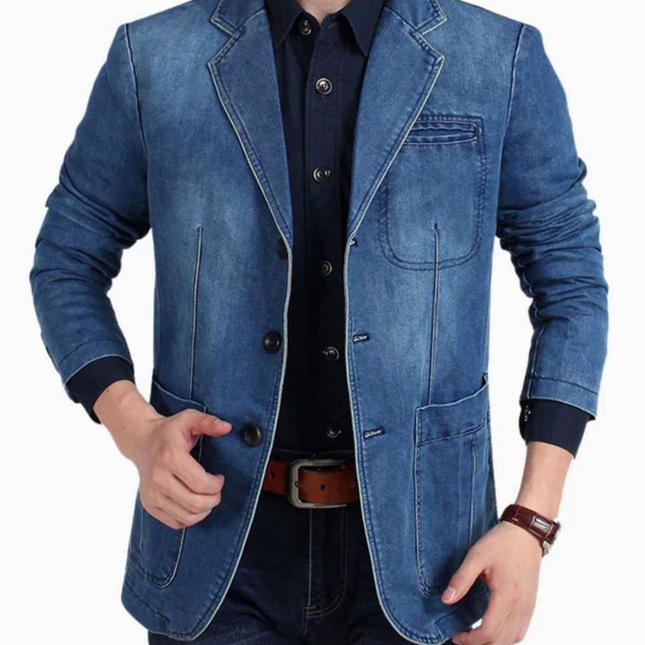 Men's Structured Notch-Lapel Three-Button Denim Blazer