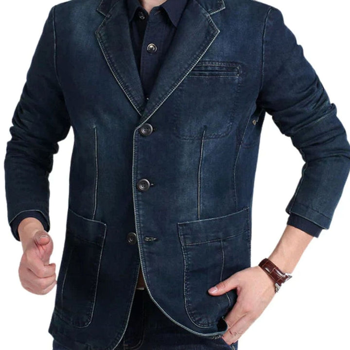 Men's Structured Notch-Lapel Three-Button Denim Blazer