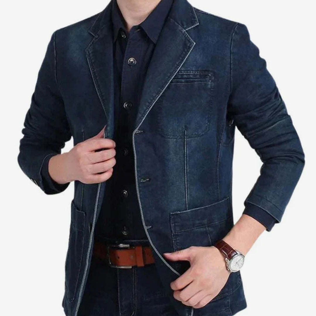 Men's Structured Notch-Lapel Three-Button Denim Blazer