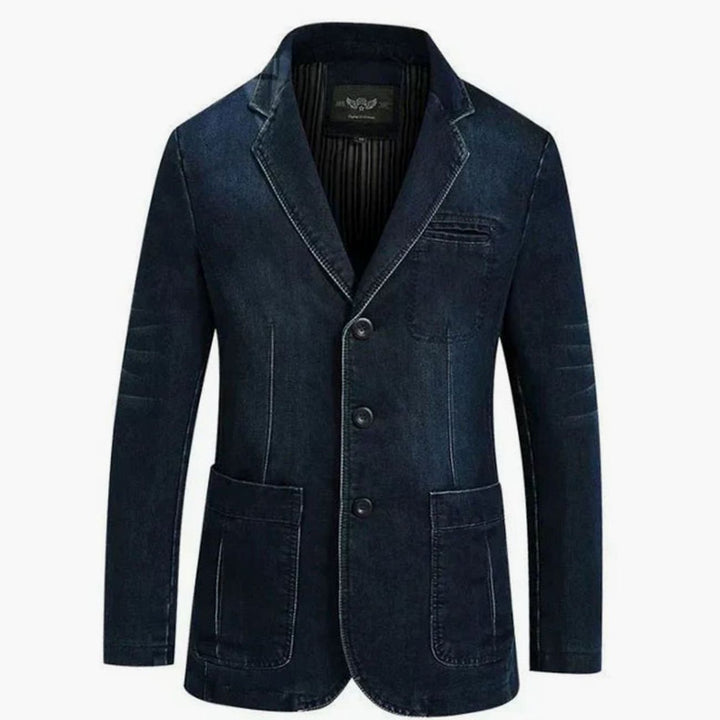 Men's Structured Notch-Lapel Three-Button Denim Blazer - Dark Blue