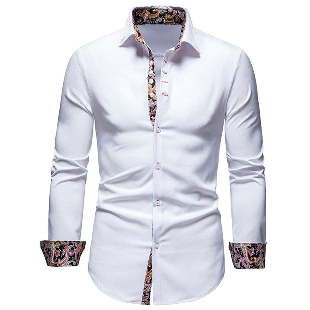 Men's Stylish Slim-Fit Button-Down Shirt Paisley Contrast Cuffs - White