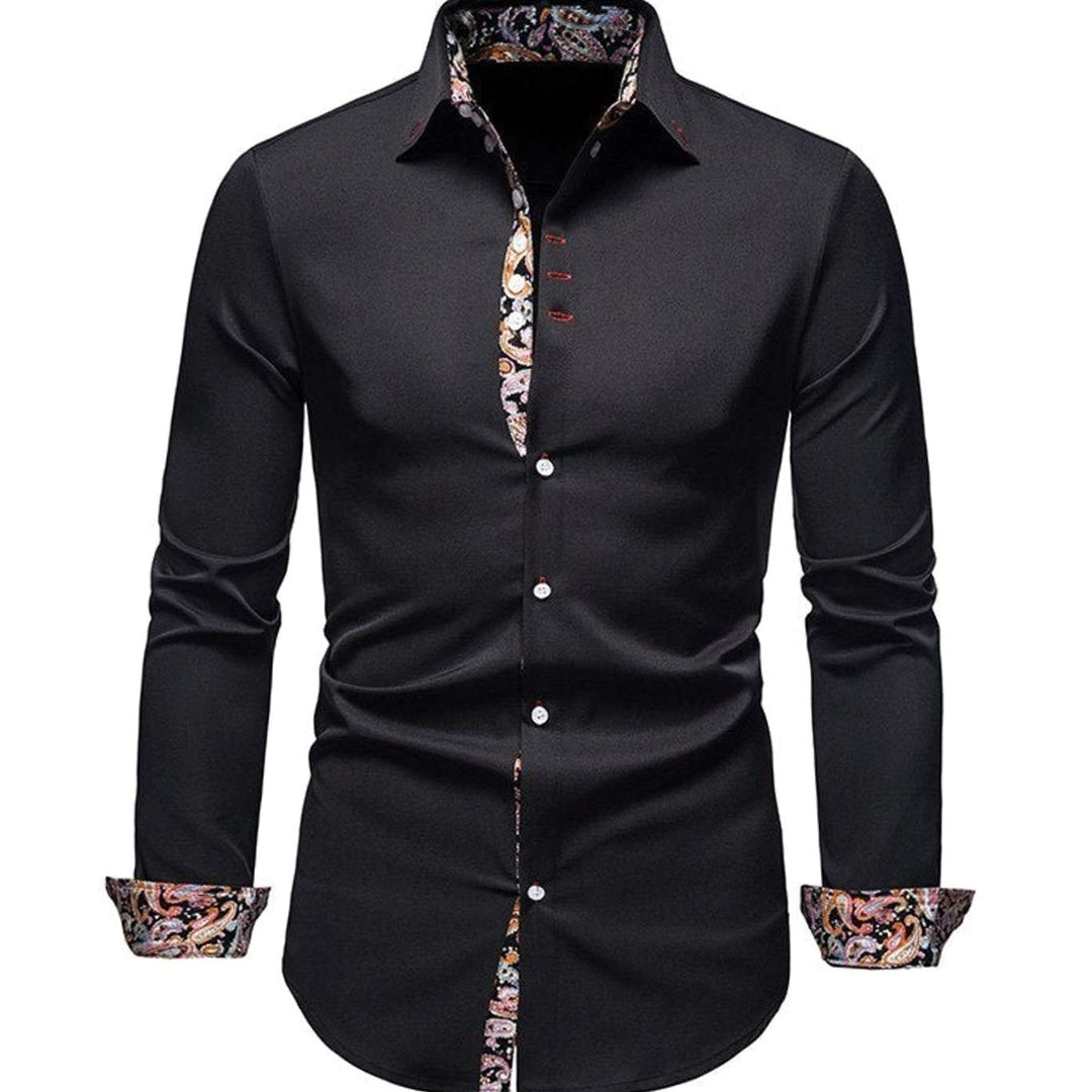 Men's Stylish Slim-Fit Button-Down Shirt Paisley Contrast Cuffs - Black