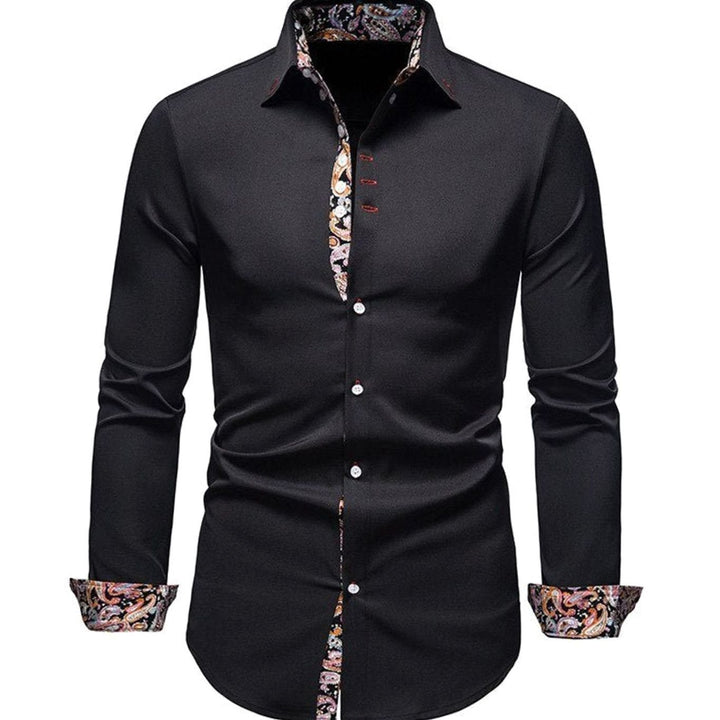 Men's Stylish Slim-Fit Button-Down Shirt Paisley Contrast Cuffs - Black