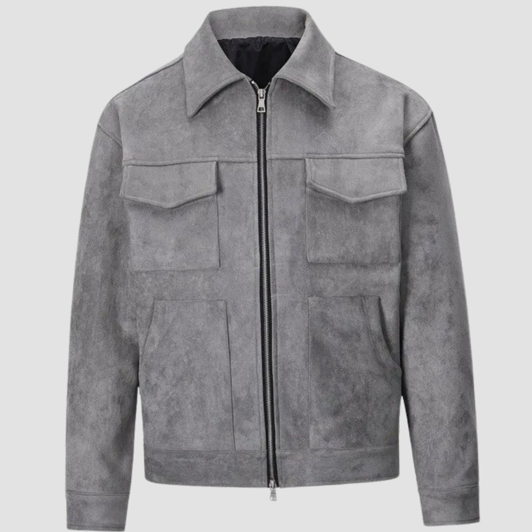 Men's Suede-Look Zip-Up Trucker Jacket with Chest Pockets - Gray