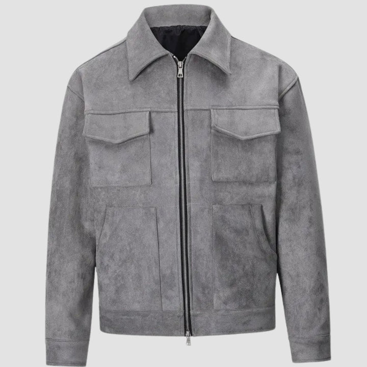 Men's Suede-Look Zip-Up Trucker Jacket with Chest Pockets - Gray
