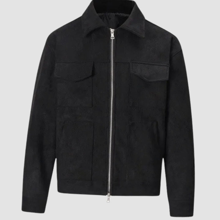Men's Suede-Look Zip-Up Trucker Jacket with Chest Pockets - Black