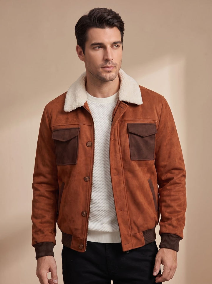 Men's Suede Sherpa-Collar Button-Front Bomber Jacket