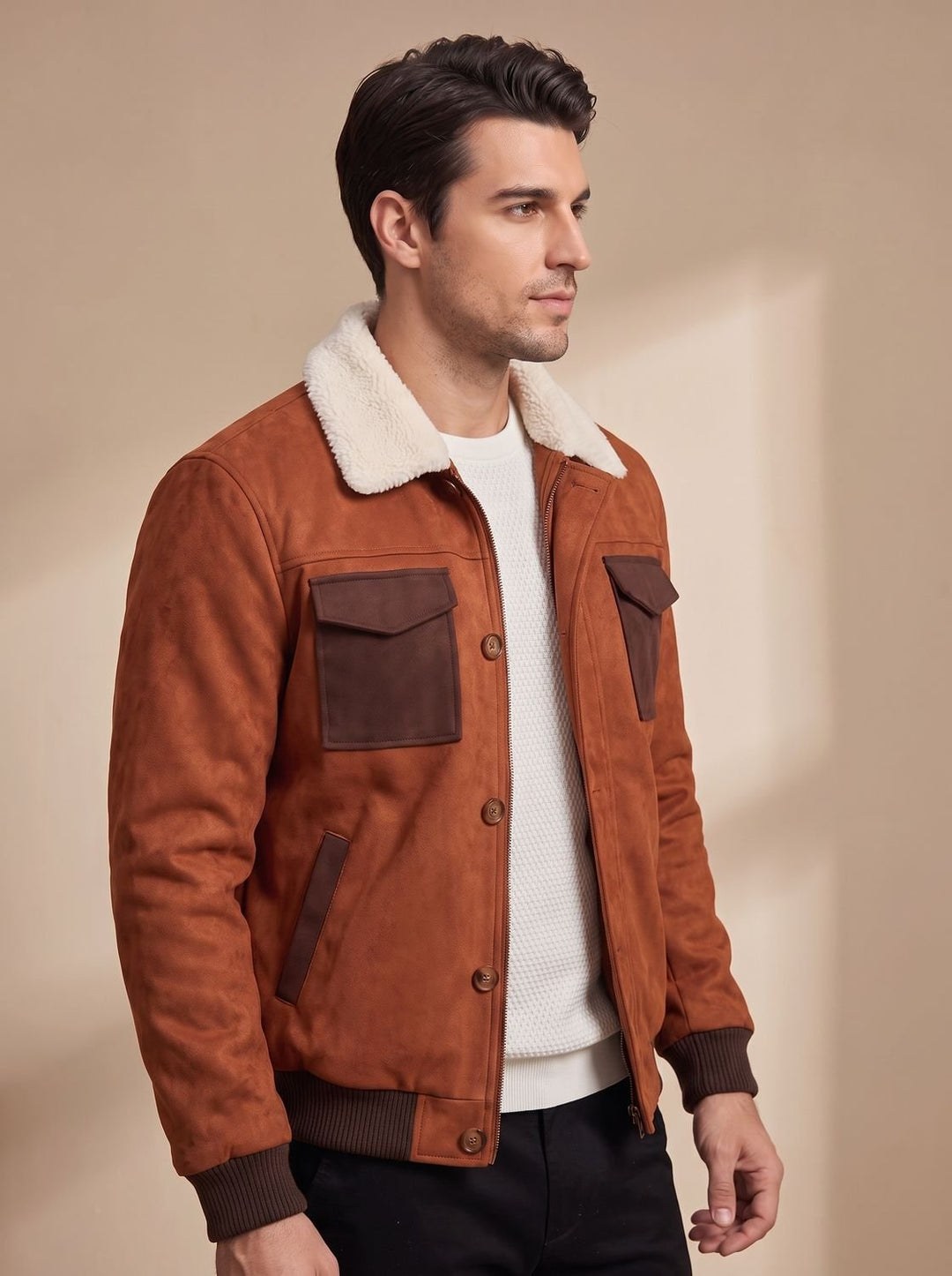 Men's Suede Sherpa-Collar Button-Front Bomber Jacket