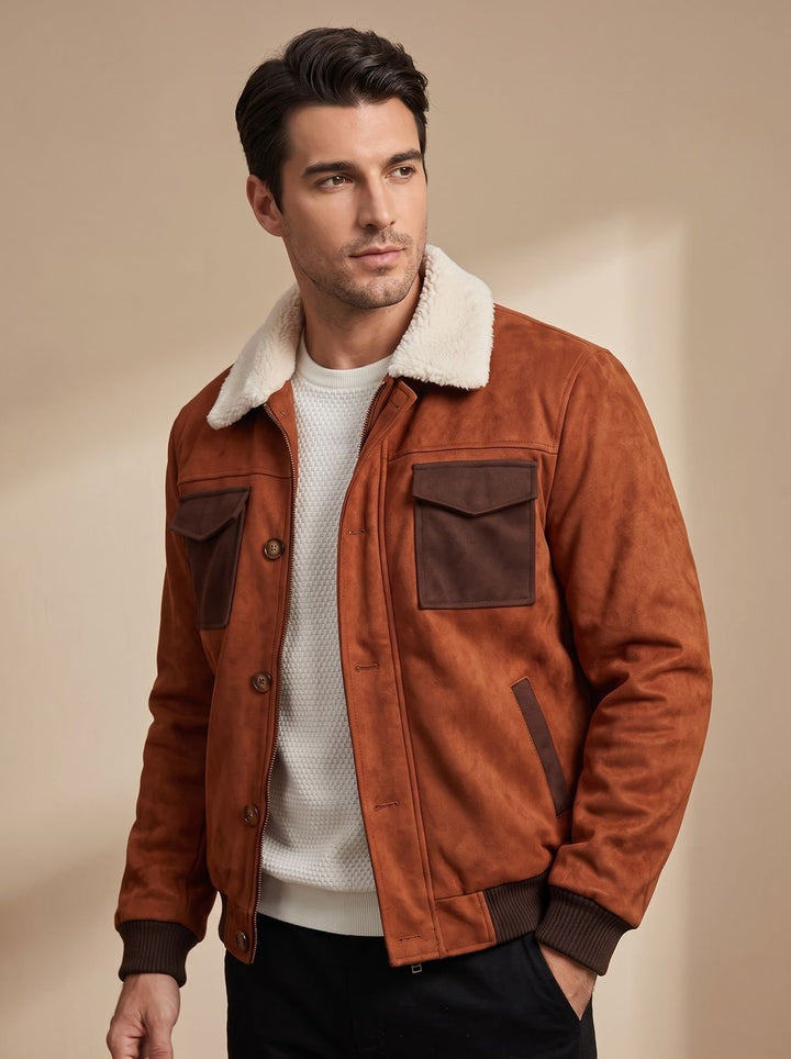 Men's Suede Sherpa-Collar Button-Front Bomber Jacket