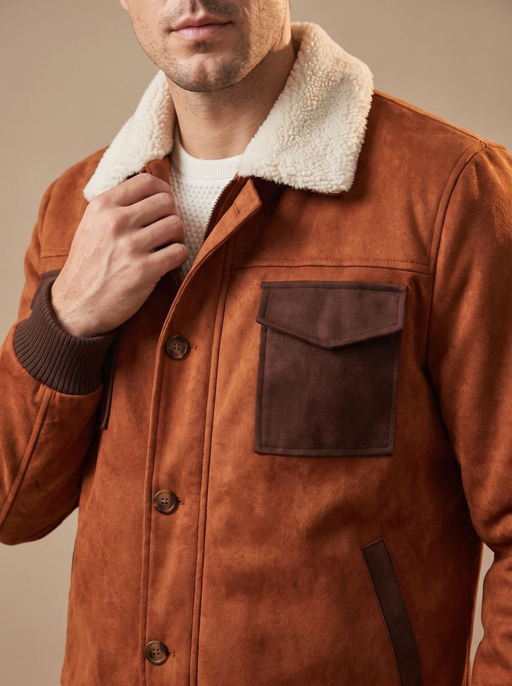 Men's Suede Sherpa-Collar Button-Front Bomber Jacket