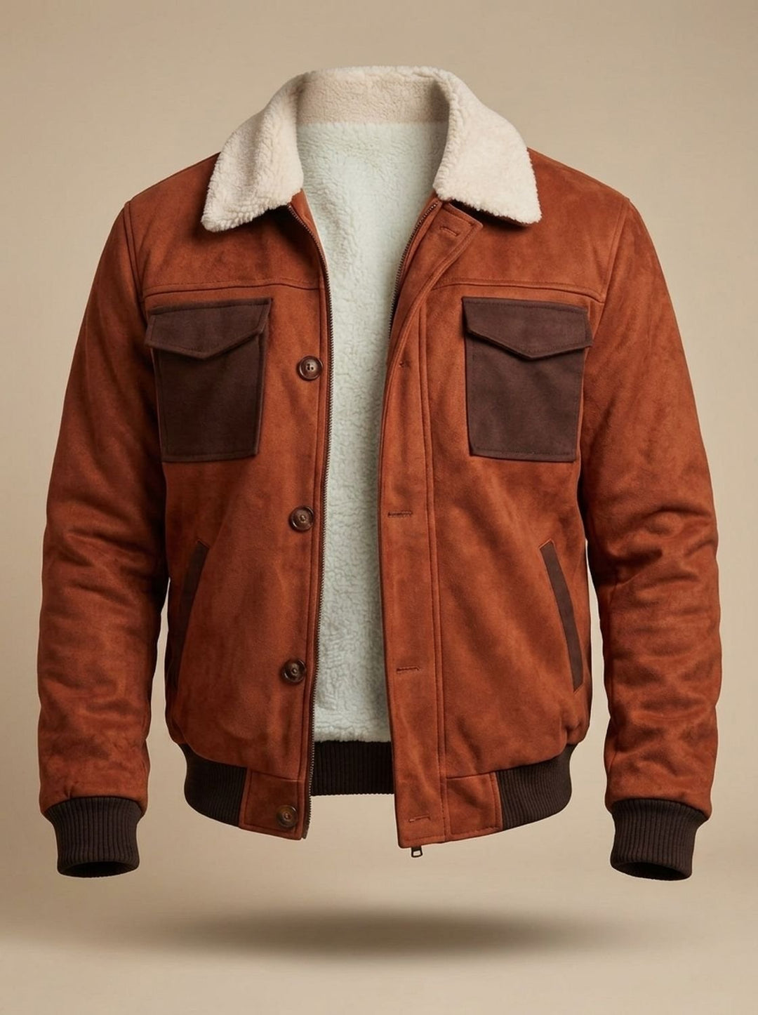 Men's Suede Sherpa-Collar Button-Front Bomber Jacket