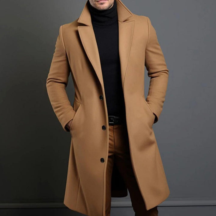 Men's Tailored Lapel Long Overcoat Single-Breasted Wool-Blend - Brown