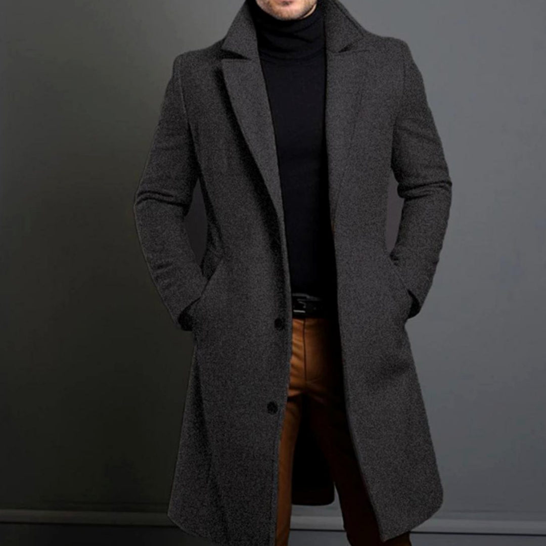 Men's Tailored Lapel Long Overcoat Single-Breasted Wool-Blend - Grey