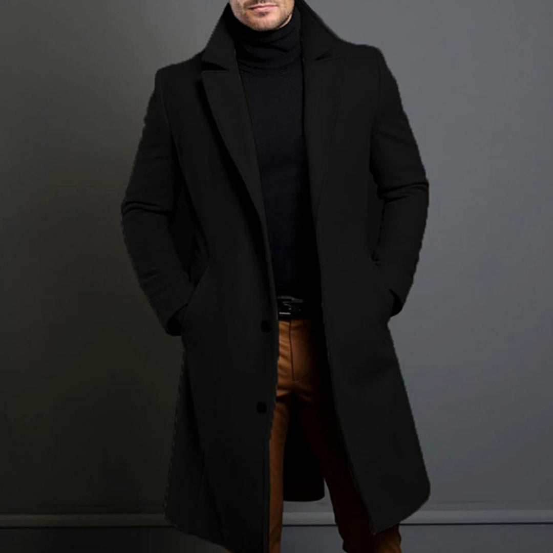 Men's Tailored Lapel Long Overcoat Single-Breasted Wool-Blend - Black