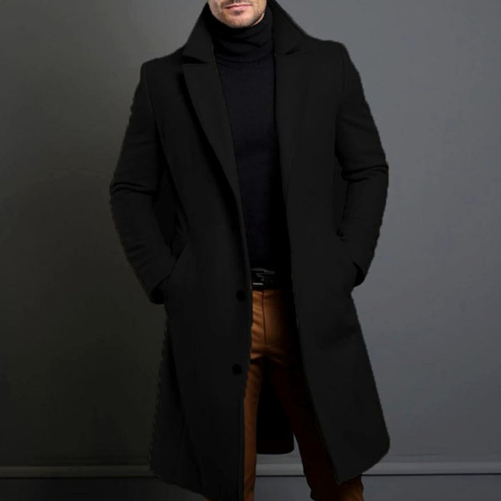 Men's Tailored Lapel Long Overcoat Single-Breasted Wool-Blend - Black