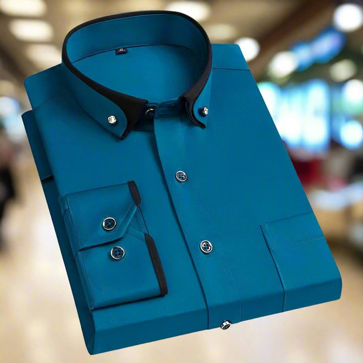 Men's Tailored Long-Sleeve Button-Down Dress Shirt Contrast Collar - Turquoise Blue