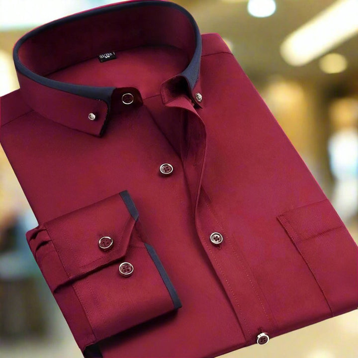 Men's Tailored Long-Sleeve Button-Down Dress Shirt Contrast Collar - Red