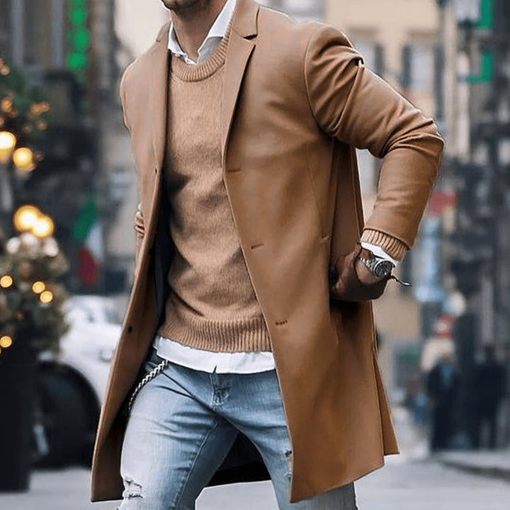 Men's Tailored Long Street Style Coat Notch Lapel Overcoat - Khaki