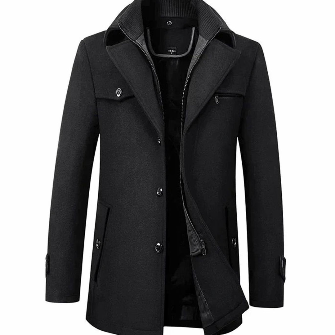 Men's Tailored Wool-Blend Long Button Overcoat - Black