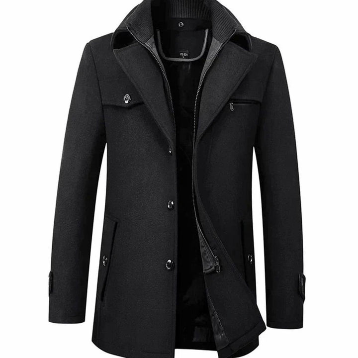 Men's Tailored Wool-Blend Long Button Overcoat - Black