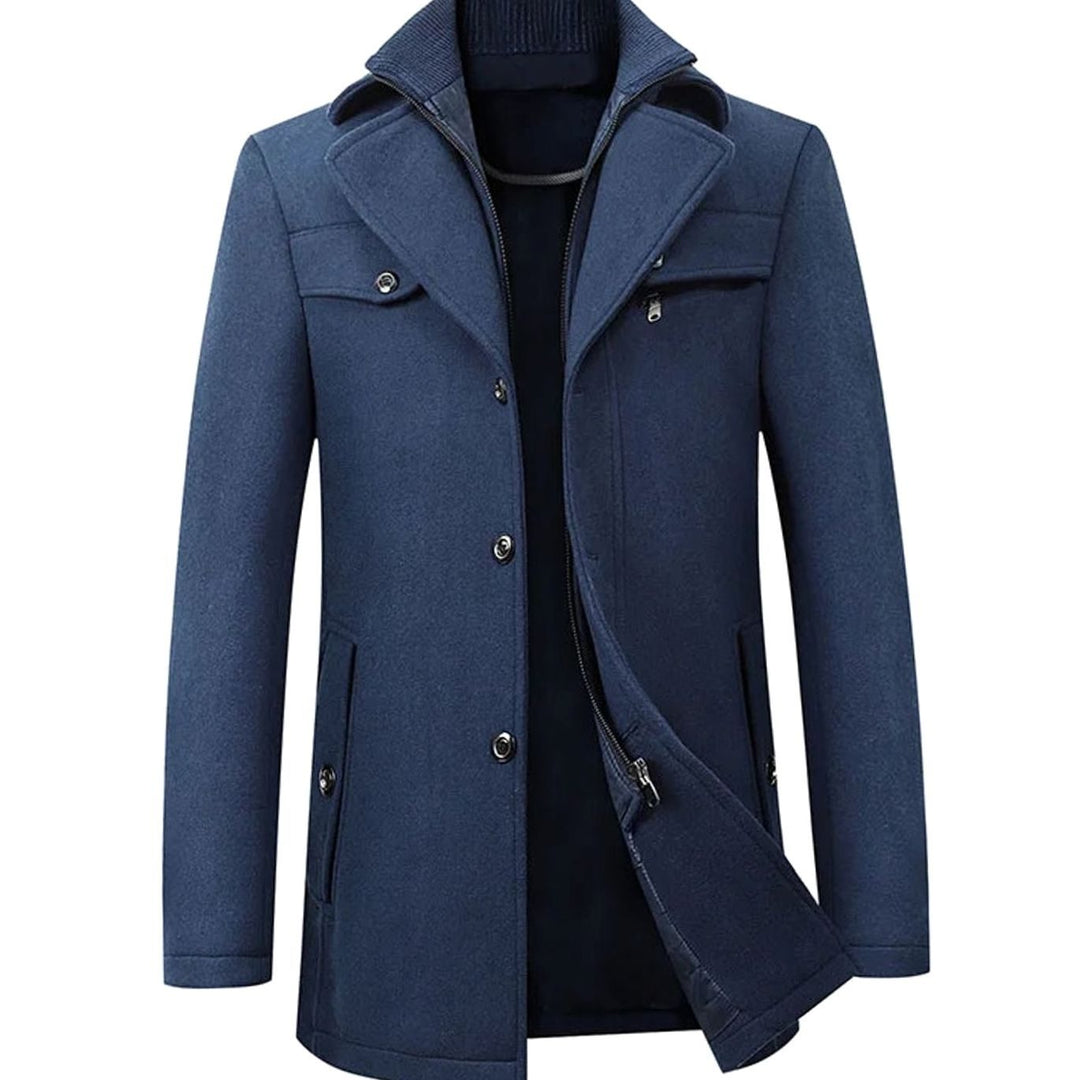 Men's Tailored Wool-Blend Long Button Overcoat - Navy Blue