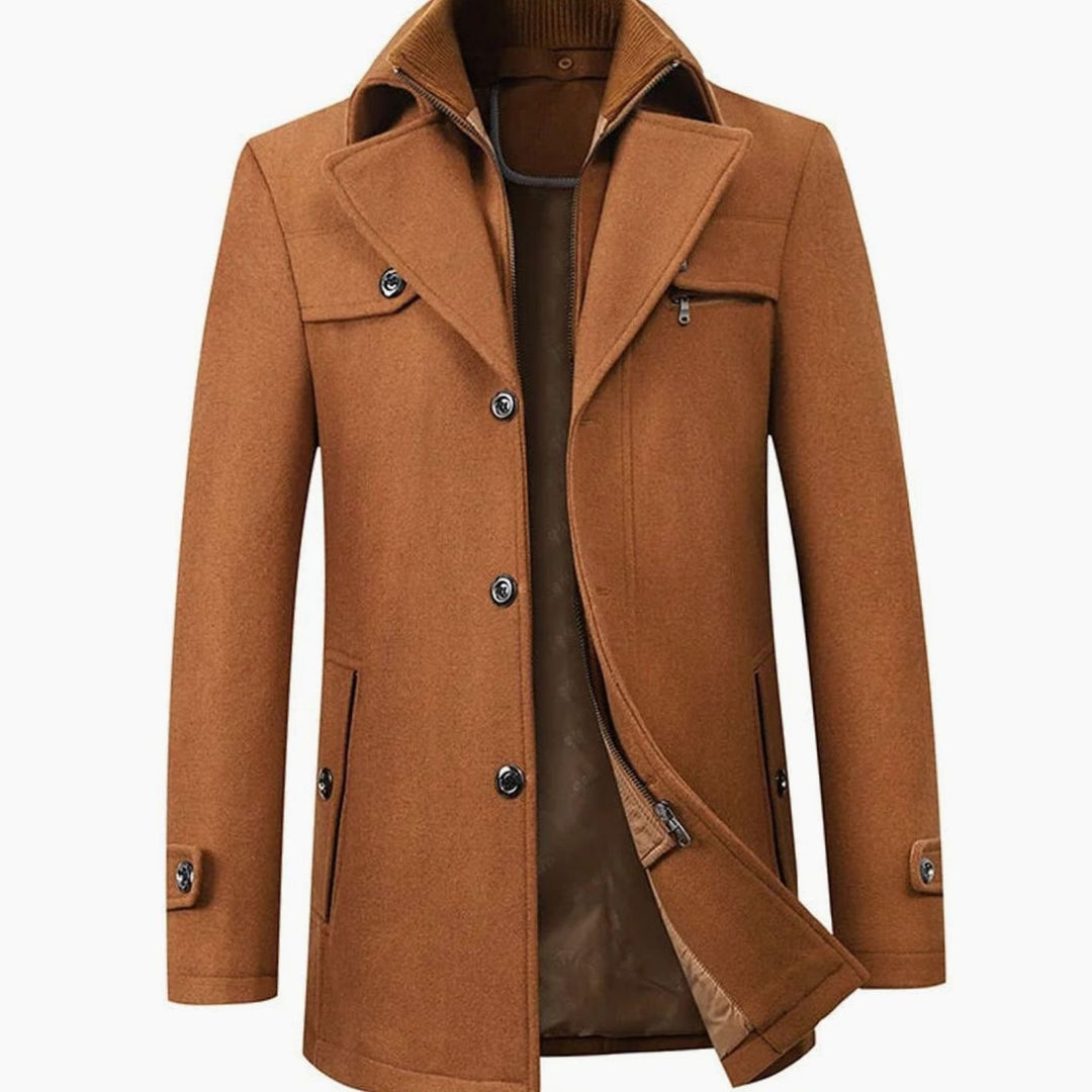 Men's Tailored Wool-Blend Long Button Overcoat - Brown