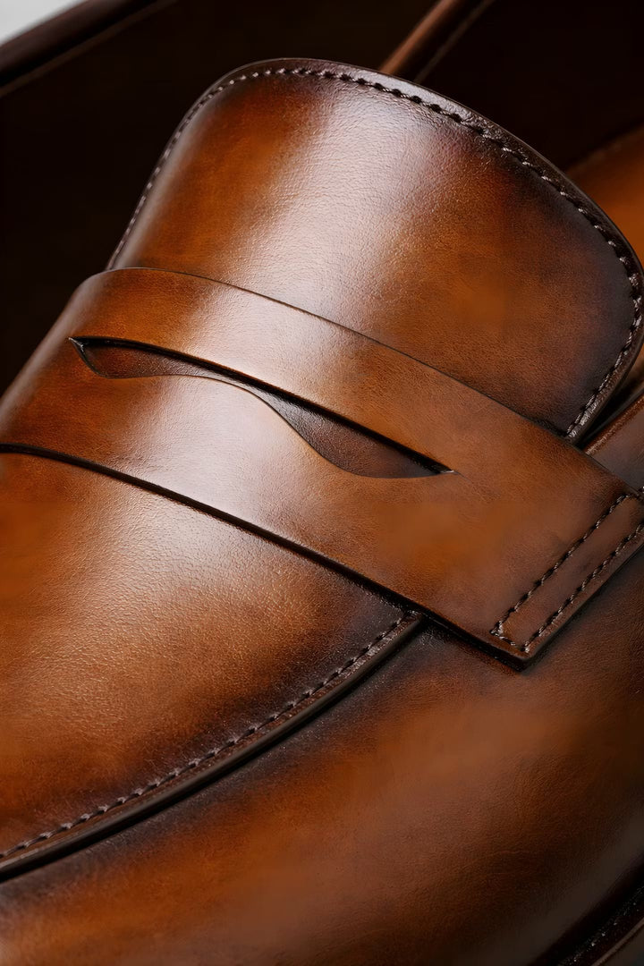 Men's Tan Leather-Look Penny Strap Slip-On Dress Loafers