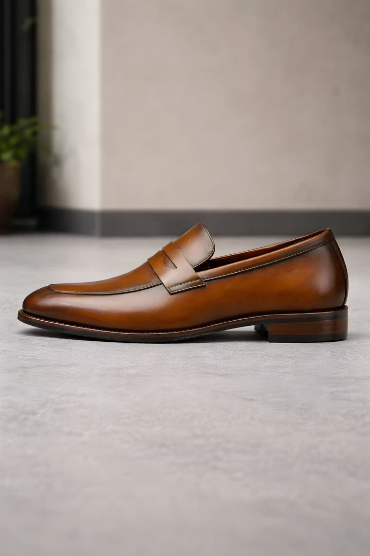 Men's Tan Leather-Look Penny Strap Slip-On Dress Loafers