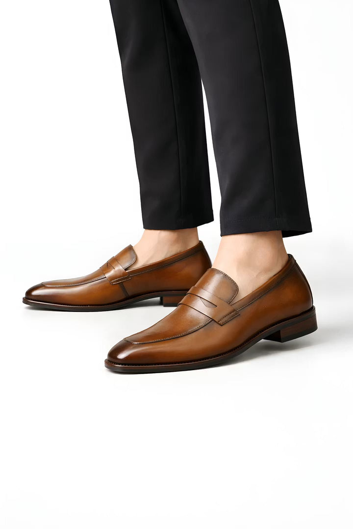 Men's Tan Leather-Look Penny Strap Slip-On Dress Loafers