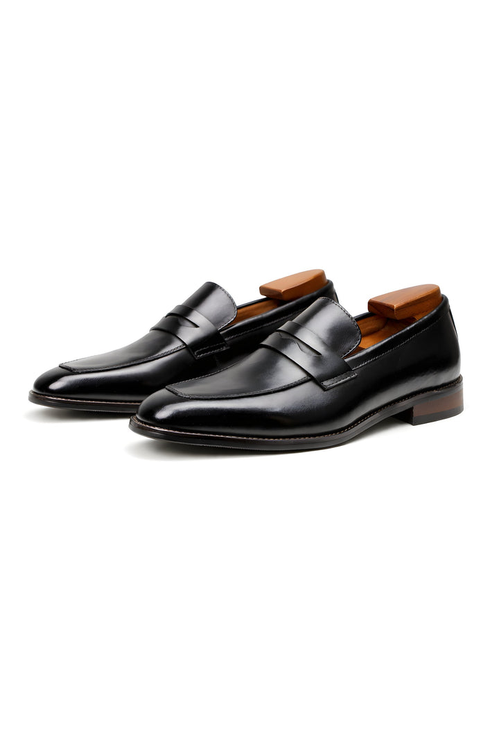 Men's Tan Leather-Look Penny Strap Slip-On Dress Loafers - Black