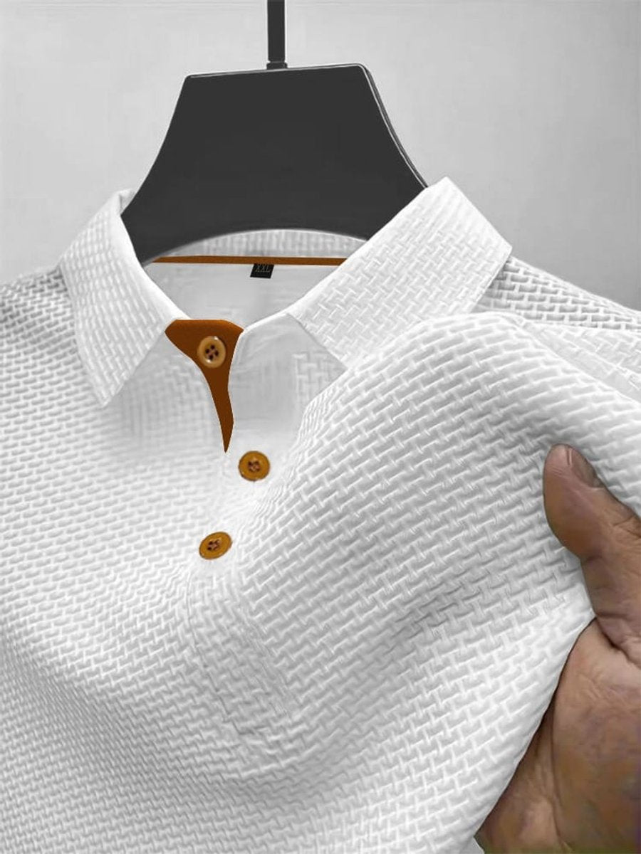 Men's Textured Woven-Pattern Button-Placket Polo Shirt - White