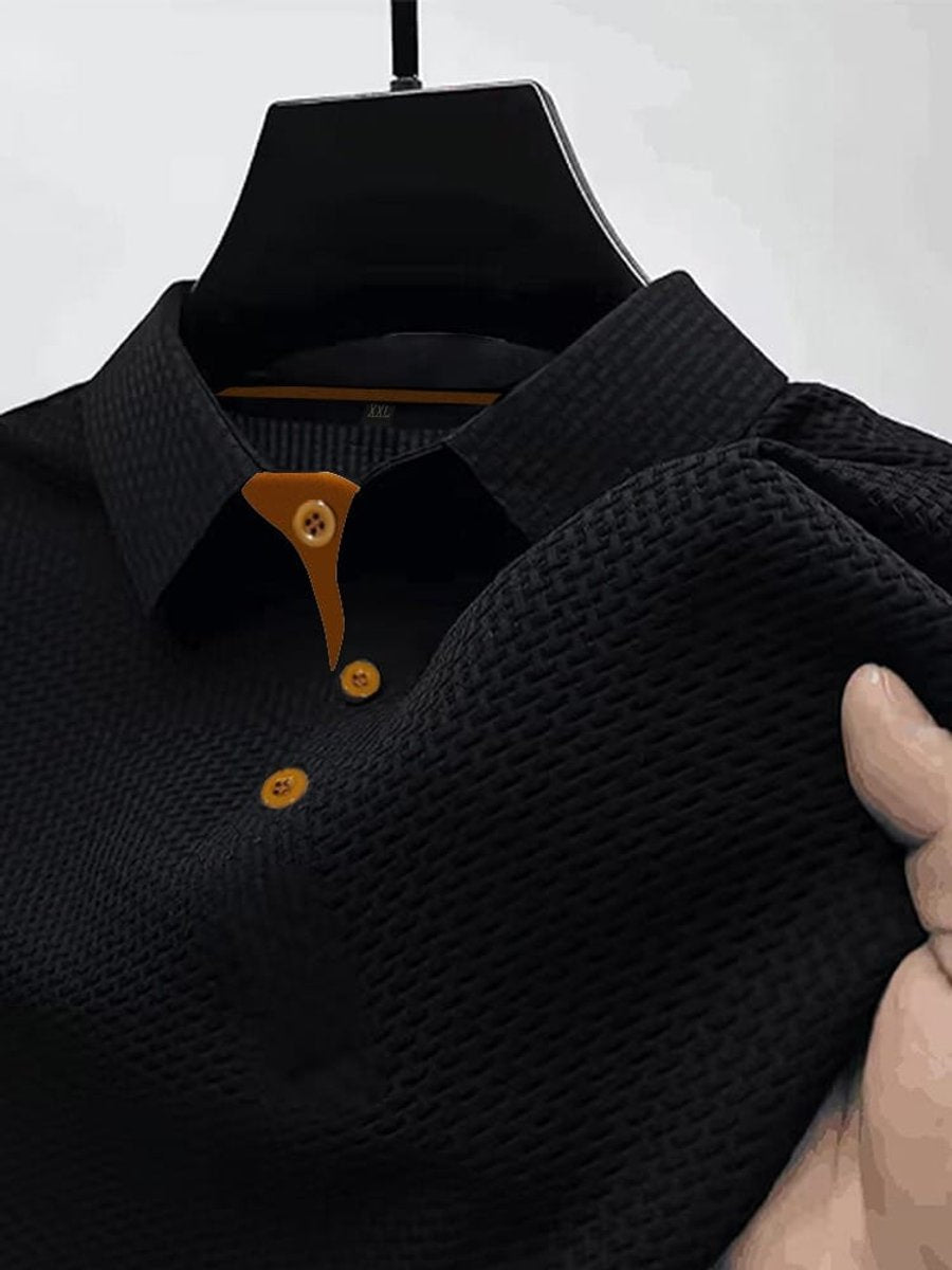 Men's Textured Woven-Pattern Button-Placket Polo Shirt - Black