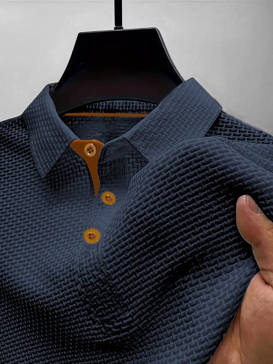 Men's Textured Woven-Pattern Button-Placket Polo Shirt - Dark Blue