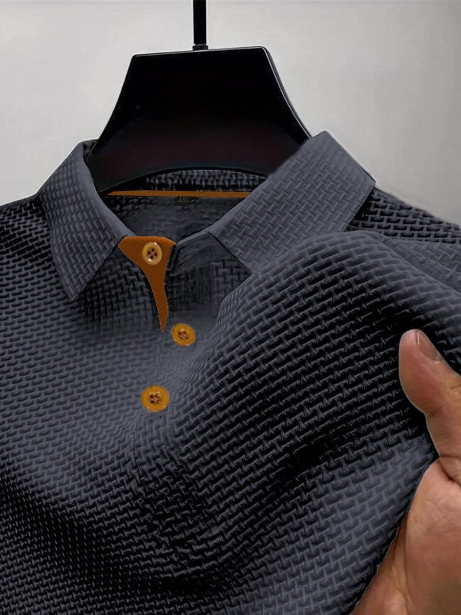 Men's Textured Woven-Pattern Button-Placket Polo Shirt - Dark Gray