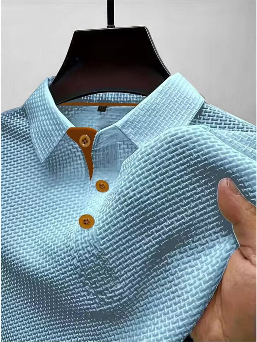 Men's Textured Woven-Pattern Button-Placket Polo Shirt - Light Blue